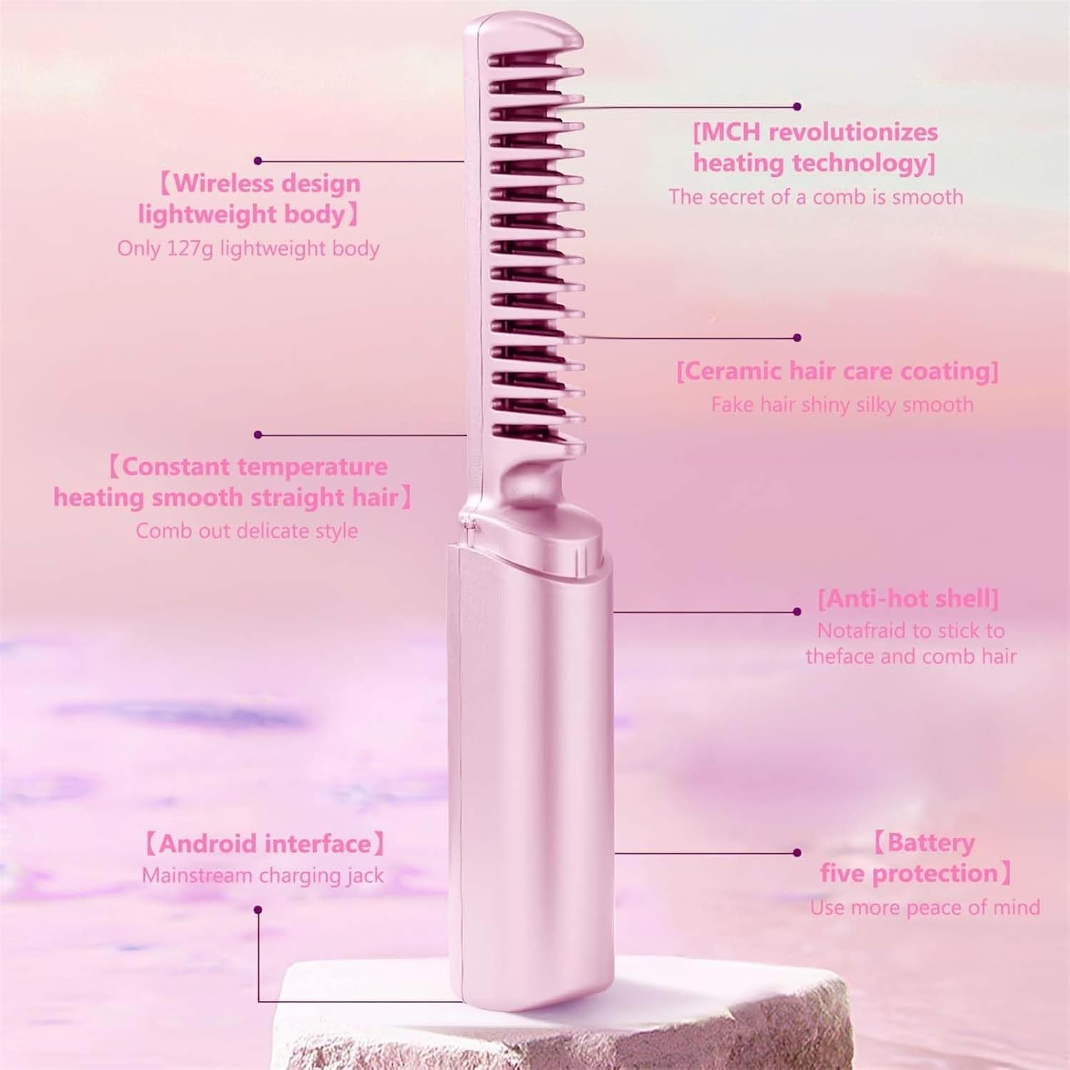 Rechargeable Mini Hair straighteners,Portable Mini Hair Straightener,2 in 1 Hair Straightener Brush and Curler,Cordless Hair straighteners, Brush Curling Iron for Short and Long Hair (Pink)