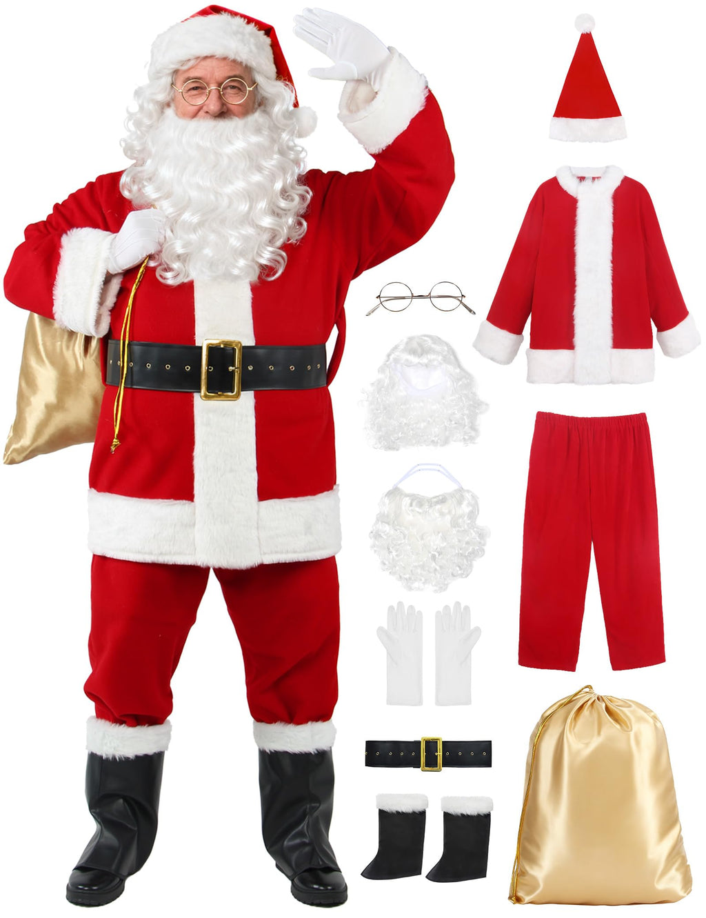 10-Piece Deluxe Santa Suit for Adults, Professional Christmas Santa Outfit