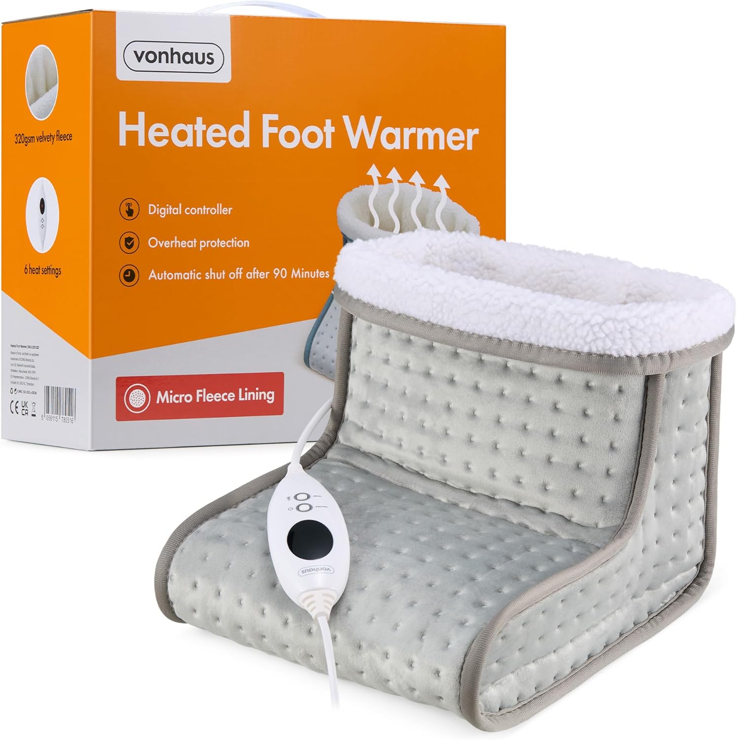 VonHaus Foot Warmer – Electric Heated Feet Heater – Fast Heat up, 6 Temperature Settings, Fleece Lining, Machine Washable, Auto Shut Off, Overheat Protection, for up to 12.5 Shoe Size, 2.15m Cable