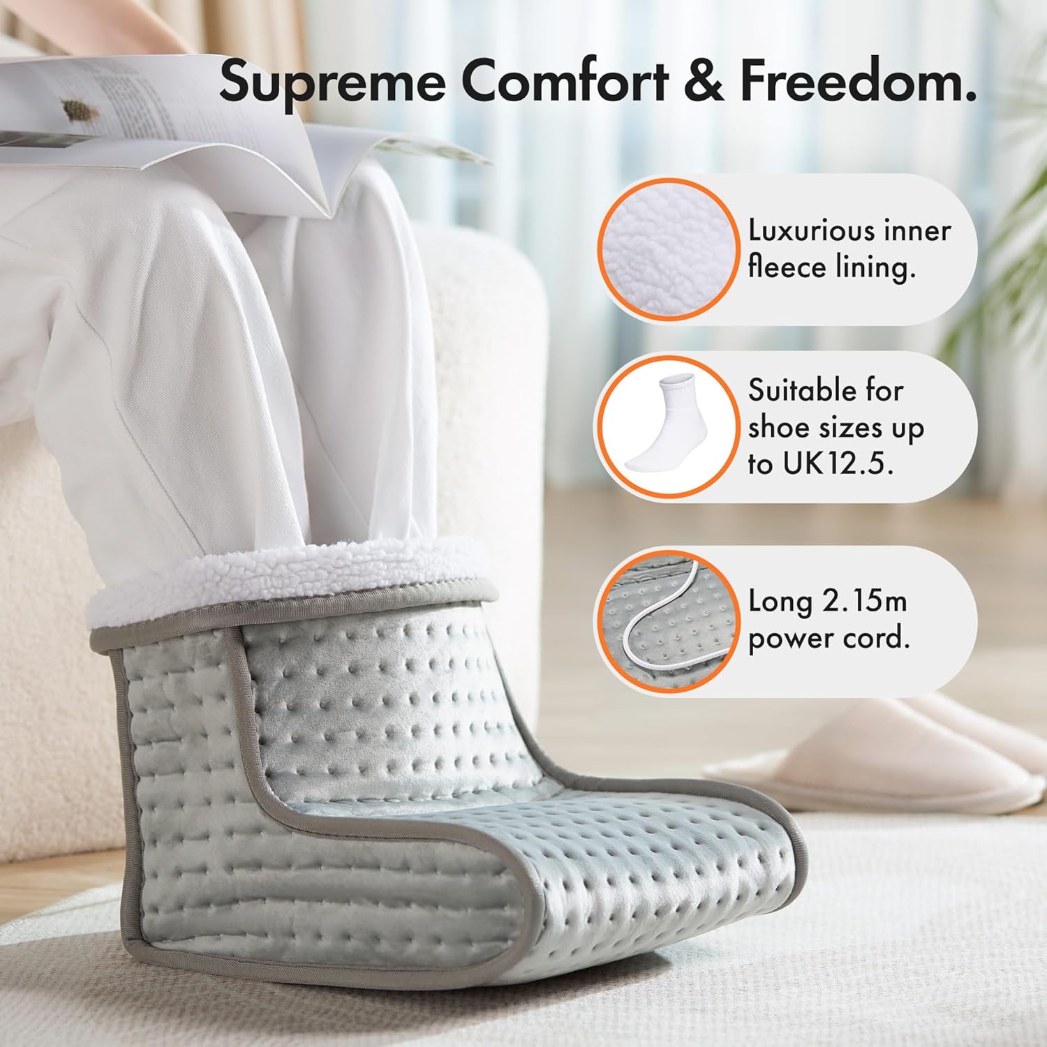 VonHaus Foot Warmer – Electric Heated Feet Heater – Fast Heat up, 6 Temperature Settings, Fleece Lining, Machine Washable, Auto Shut Off, Overheat Protection, for up to 12.5 Shoe Size, 2.15m Cable