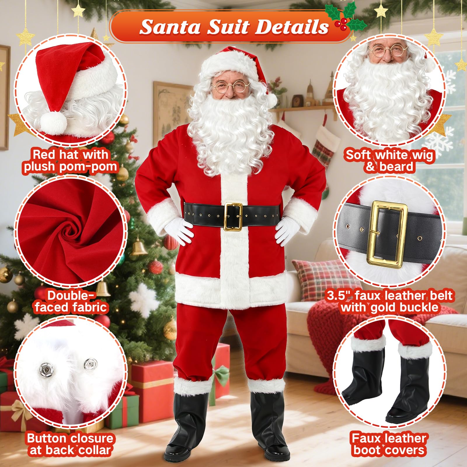 10-Piece Deluxe Santa Suit for Adults, Professional Christmas Santa Outfit