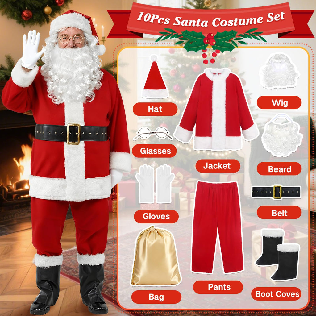 10-Piece Deluxe Santa Suit for Adults, Professional Christmas Santa Outfit