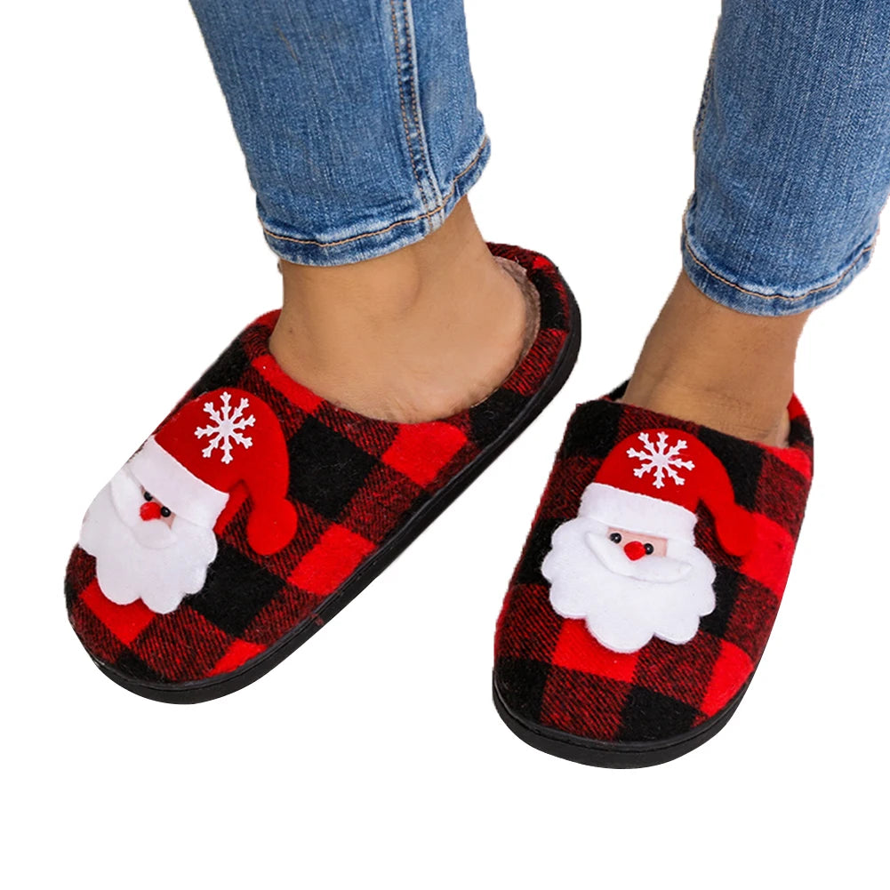 Christmas Furry Slippers Flat Santa Claus Plush Closed Toe Slippers Anti Slip Plush Slip-on House Shoes Plaid Household Supplies Nuvio