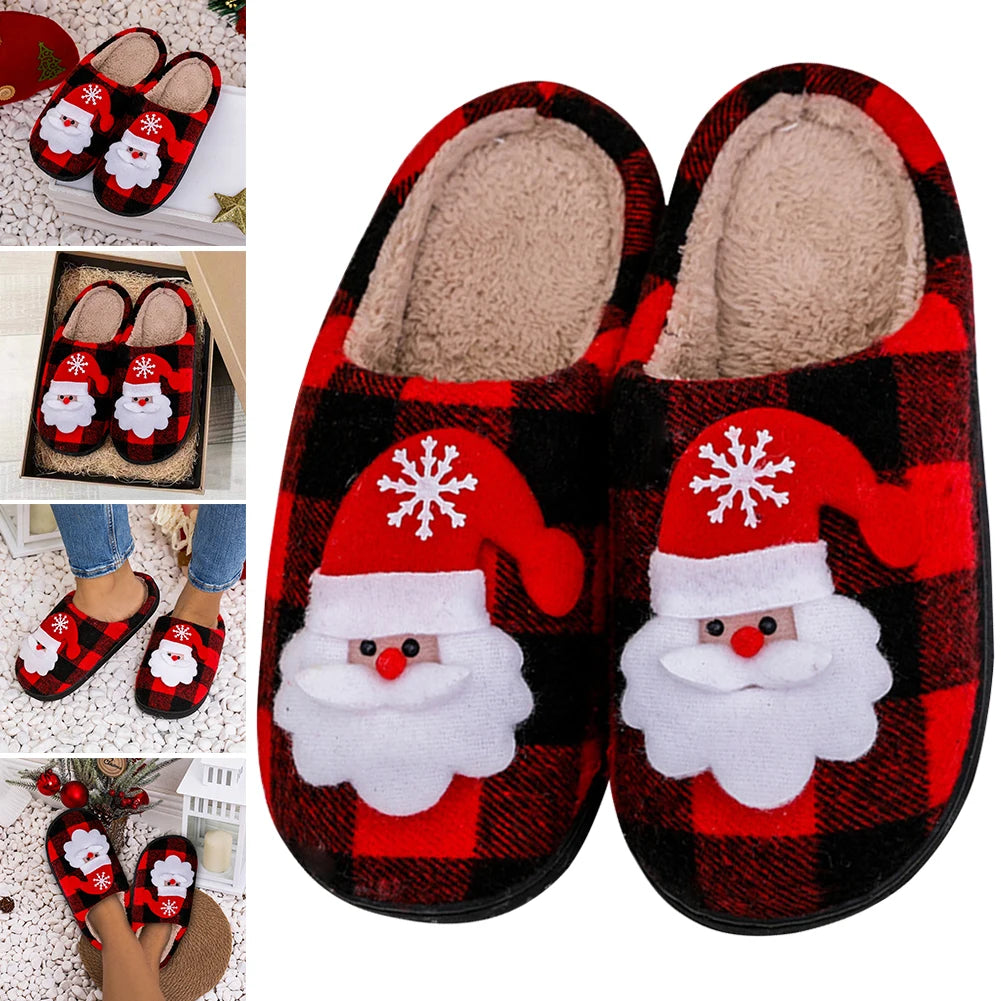 Christmas Furry Slippers Flat Santa Claus Plush Closed Toe Slippers Anti Slip Plush Slip-on House Shoes Plaid Household Supplies Nuvio