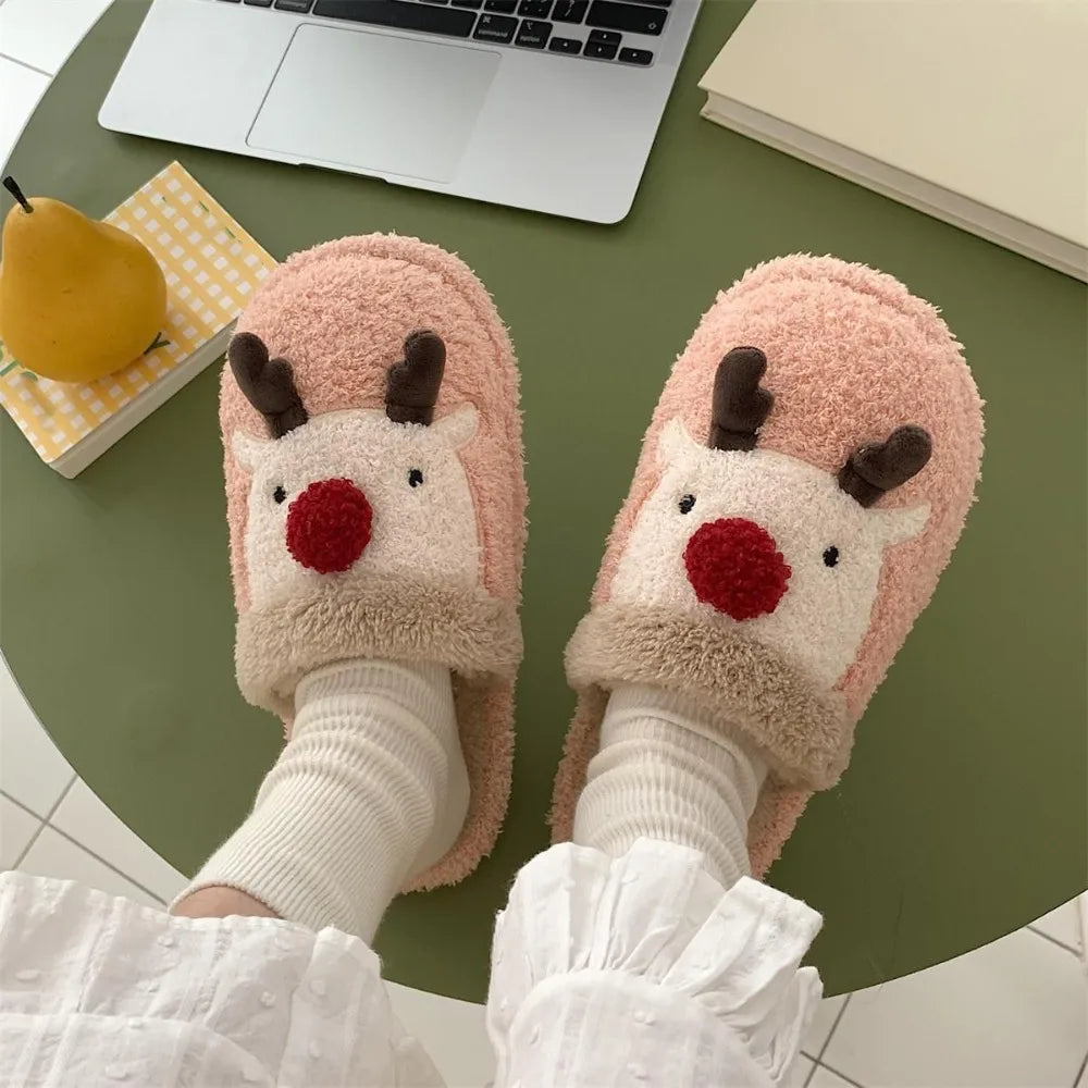 Elk Christmas Plush Slippers Anti Slip Durable Winter Indoor Slippers Dormitory Comfortable Home Slippers Women Christmas Gift Nuvio