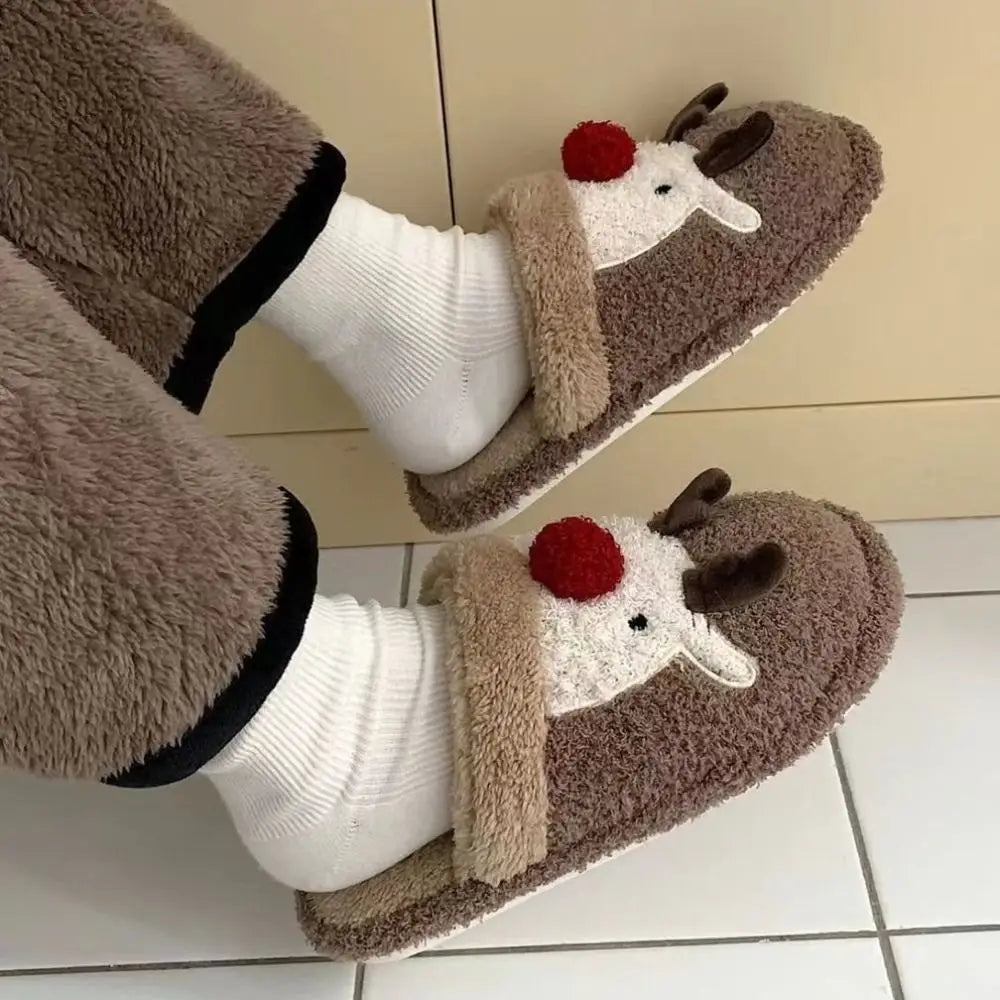 Elk Christmas Plush Slippers Anti Slip Durable Winter Indoor Slippers Dormitory Comfortable Home Slippers Women Christmas Gift Nuvio